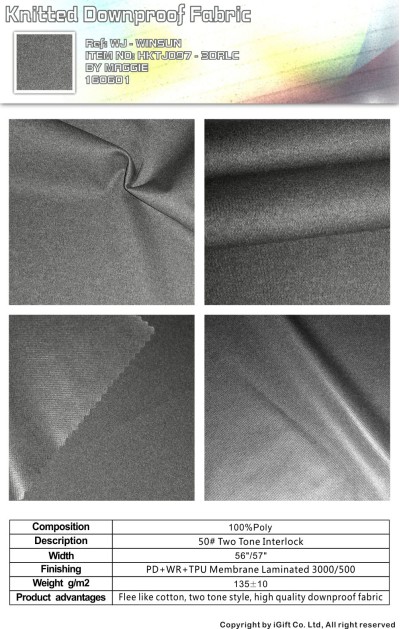 WJ-WNSN 針織羽絨面料14  Composition：100%Polyester  Description:50D雪柳+TPU低透明  Product advantages:棉感雙色雪柳 正面照